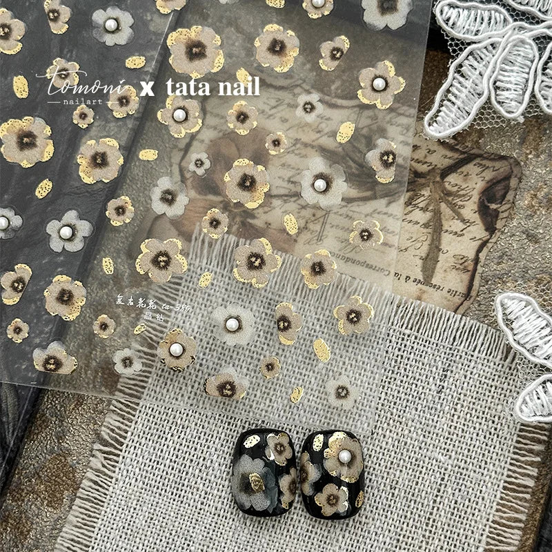 Retro Flowers Petal Pearl Rhinestones Halo Dyeing Chic Daisy Vintage Gold Foil  Floral Designs Nail Art Stickers Manicure Decals (ONLINE ORDER ONLY)