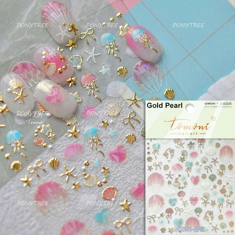 Hot Stamping Laser Shell Conch Starfish Pearl Whale Coral Dolphin Summer Beach Sea Wave Jellyfish Bubble Nail Art Stickers Decal (ONLINE ORDER ONLY)
