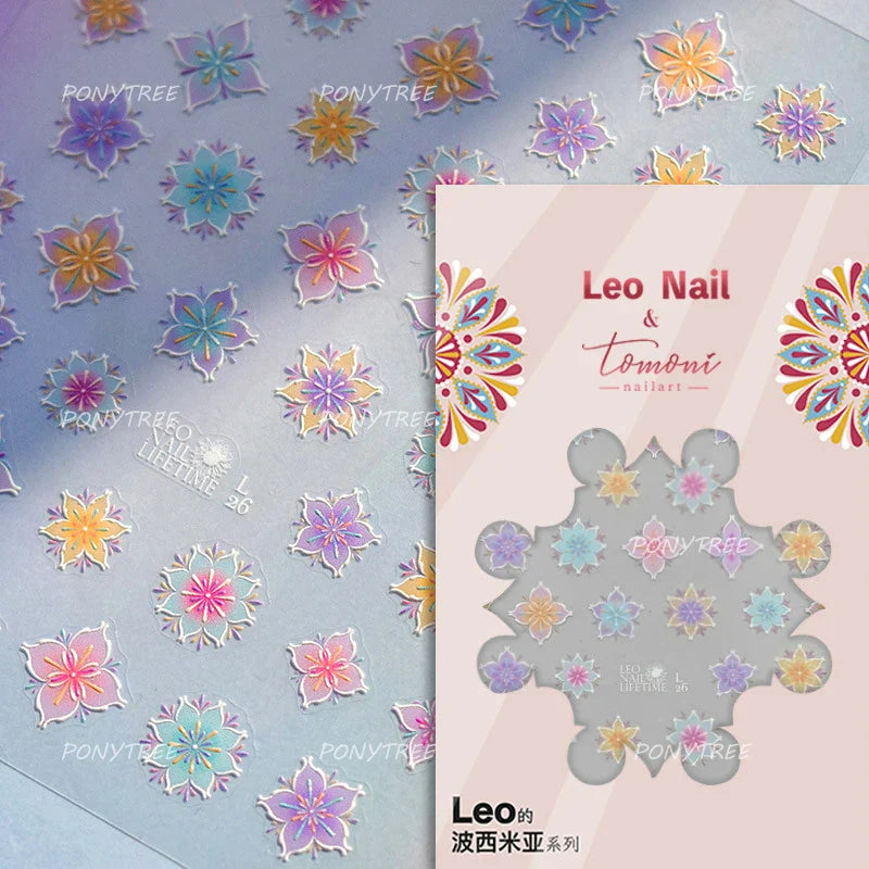 Pink Blue Yellow Embroidery Totems Geometric Floral Pattern Flower 5D Embossed Nail Art Stickers Bohemian Style Manicure Decals (ONLINE ORDER ONLY)