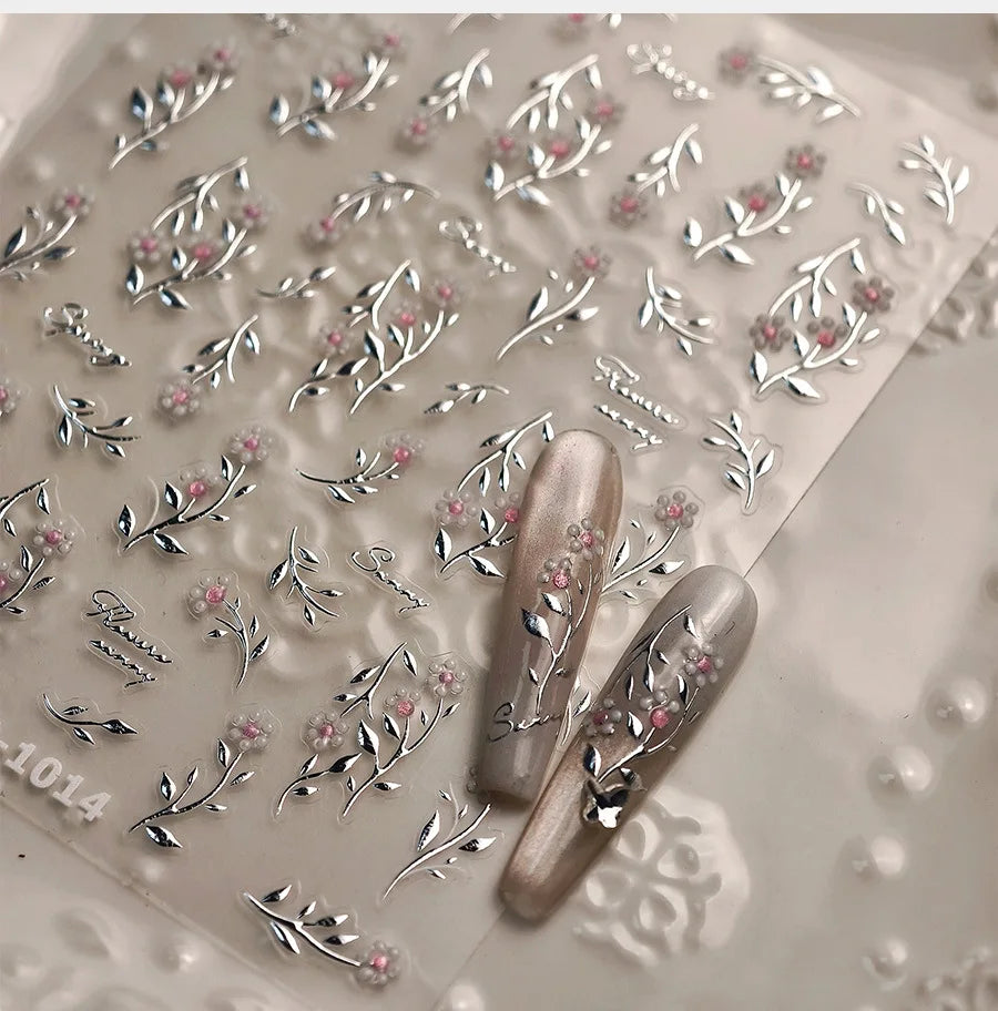 Pink Flower Hot Stamping Silver Leaves Branch Wicker Willow Plant Chic Adhesive Nail Art Decorations Stickers Manicure Decals (Online Order Only)