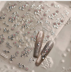 Pink Flower Hot Stamping Silver Leaves Branch Wicker Willow Plant Chic Adhesive Nail Art Decorations Stickers Manicure Decals (Online Order Only)
