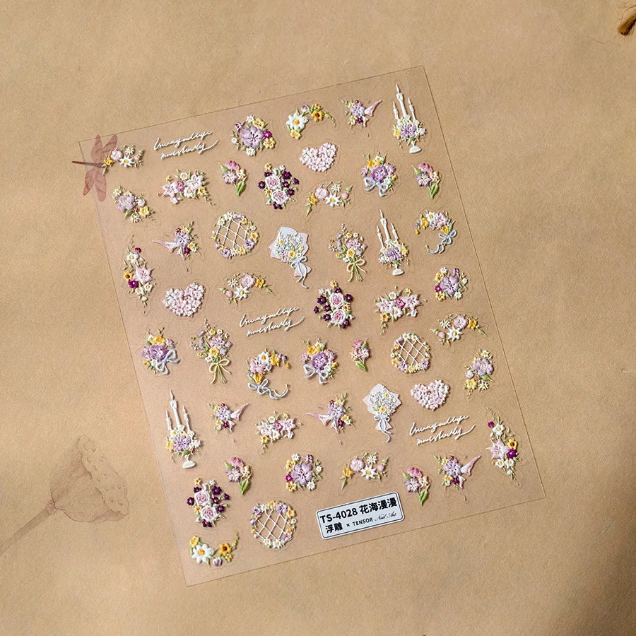 Romantic Flowers Bouquet Butterfly Rose Bowknot Candlestick Wreath Love Heart 5D Self Adhesive Nail Art Stickers Manicure Decals (Online Order Only)