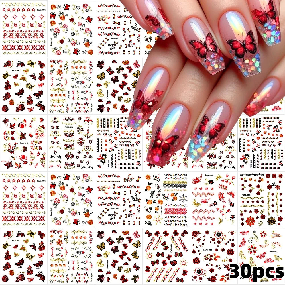 30Pcs/Set Red Golden 3D Nail Art Sticker Hot Stamping Hollow Decals Mixed Designs Adhesive Flower Nail Tips Letter Butterfly Set (Online Order Only)