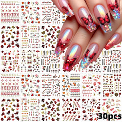 30Pcs/Set Red Golden 3D Nail Art Sticker Hot Stamping Hollow Decals Mixed Designs Adhesive Flower Nail Tips Letter Butterfly Set (Online Order Only)
