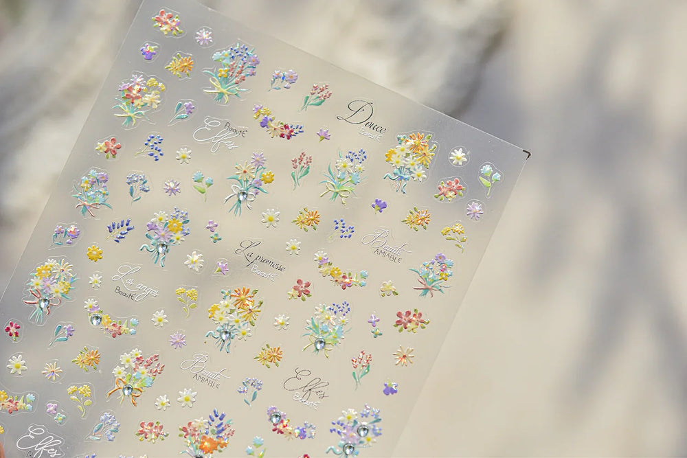Cute Spring Flowers Purple Blue White Bowknot Rose Garden Daisy 5D Soft Embossed Relief Adhesive Nail Art Sticker Manicure Decal (ONLINE ORDER ONLY)