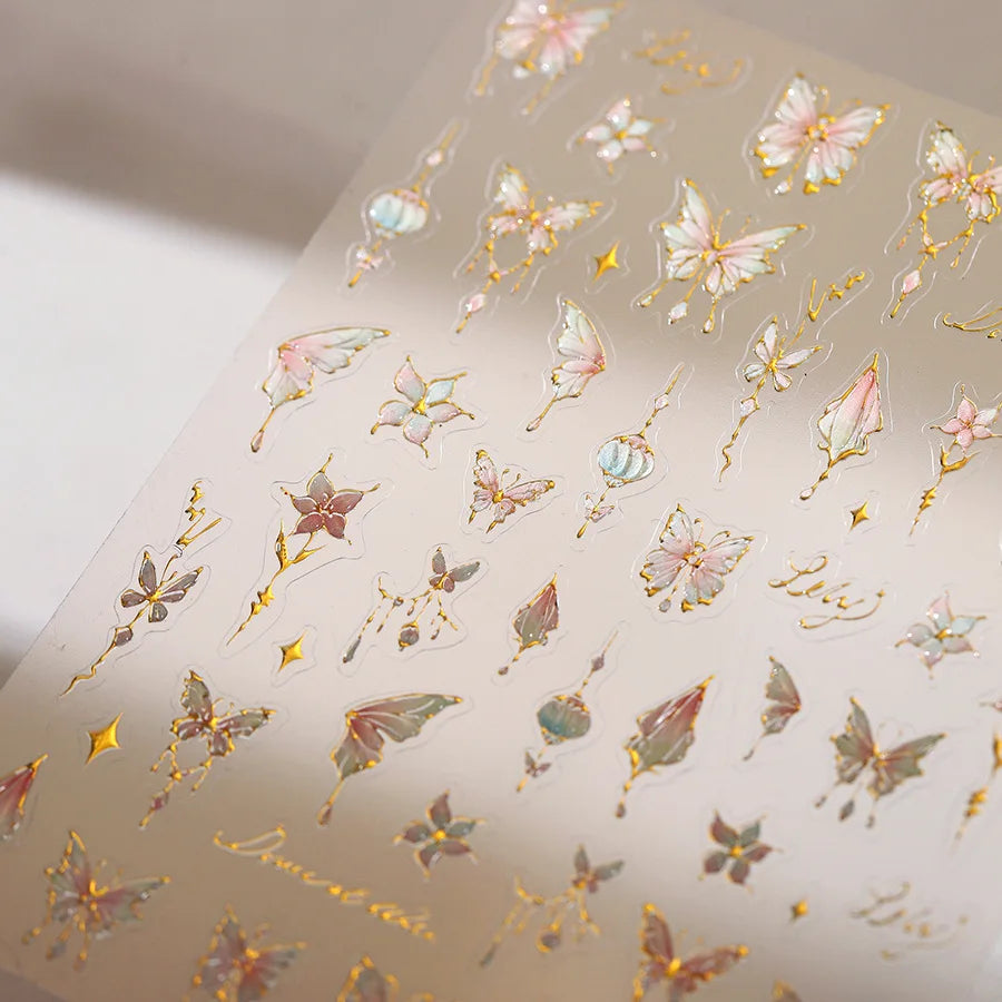 Butterfly Peach Blossom Flowers Lantern Star Tassel Pendant Gold Hot Stamping Self Adhesive Nail Art Stickers Manicure Decals (ONLINE ORDER ONLY)