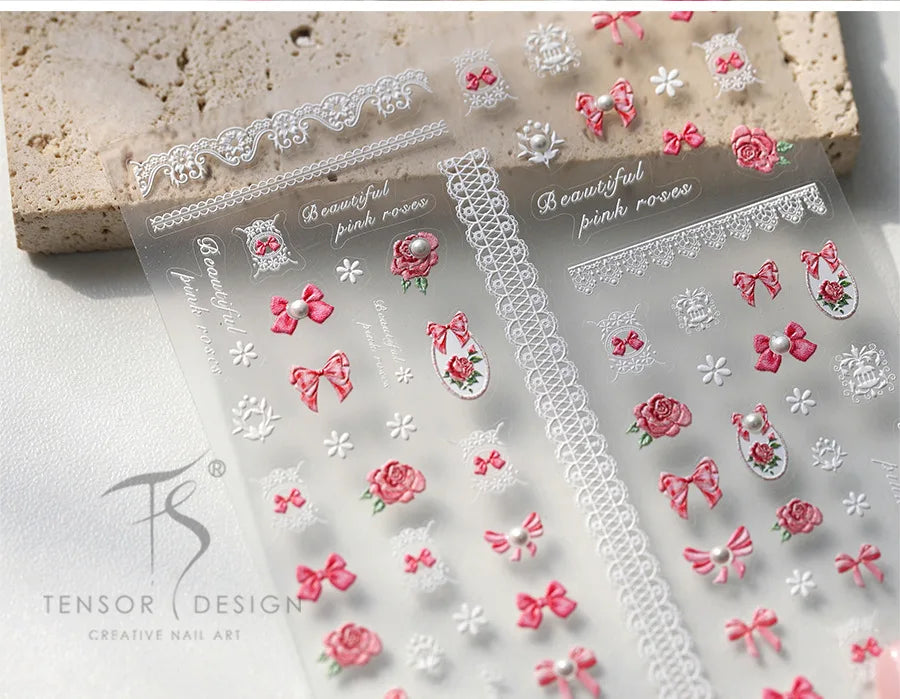 French Chic Mini Pink Rose Flower Bowknot Lace Ribbon Pearl White Little Flower Self Adhesive Nail Art Stickers Manicure Decals (ONLINE ORDER ONLY)