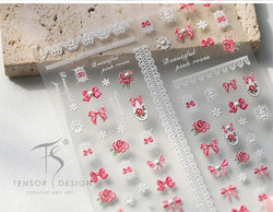French Chic Mini Pink Rose Flower Bowknot Lace Ribbon Pearl White Little Flower Self Adhesive Nail Art Stickers Manicure Decals (ONLINE ORDER ONLY)