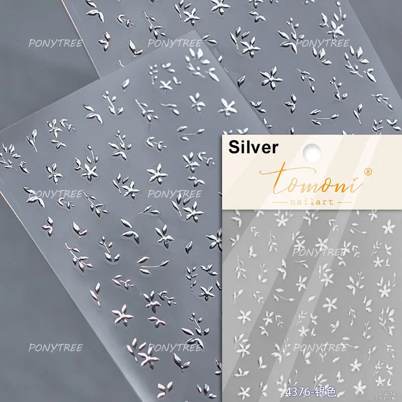 Mini Three Leaf Flower Magnolia Lotus Flower Stem Gradual Petal Line Arc Metal Sillver Delicate Nail Art Stickers Manicure Decal (Online Order Only)