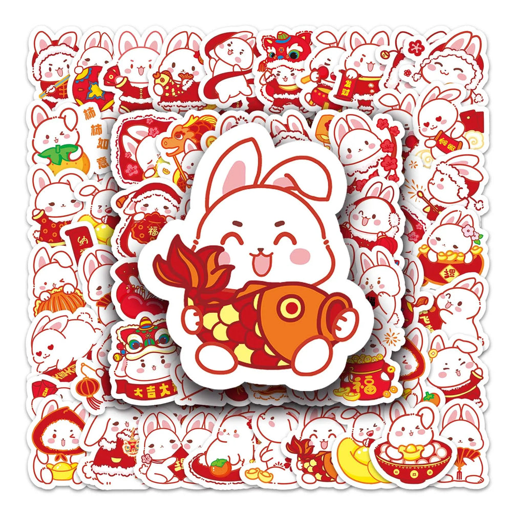 50Pcs Rabbit New Year Cartoon Waterproof Vinyl Stickers for Skateboard Snowboard Home Decor (Online Order Only)