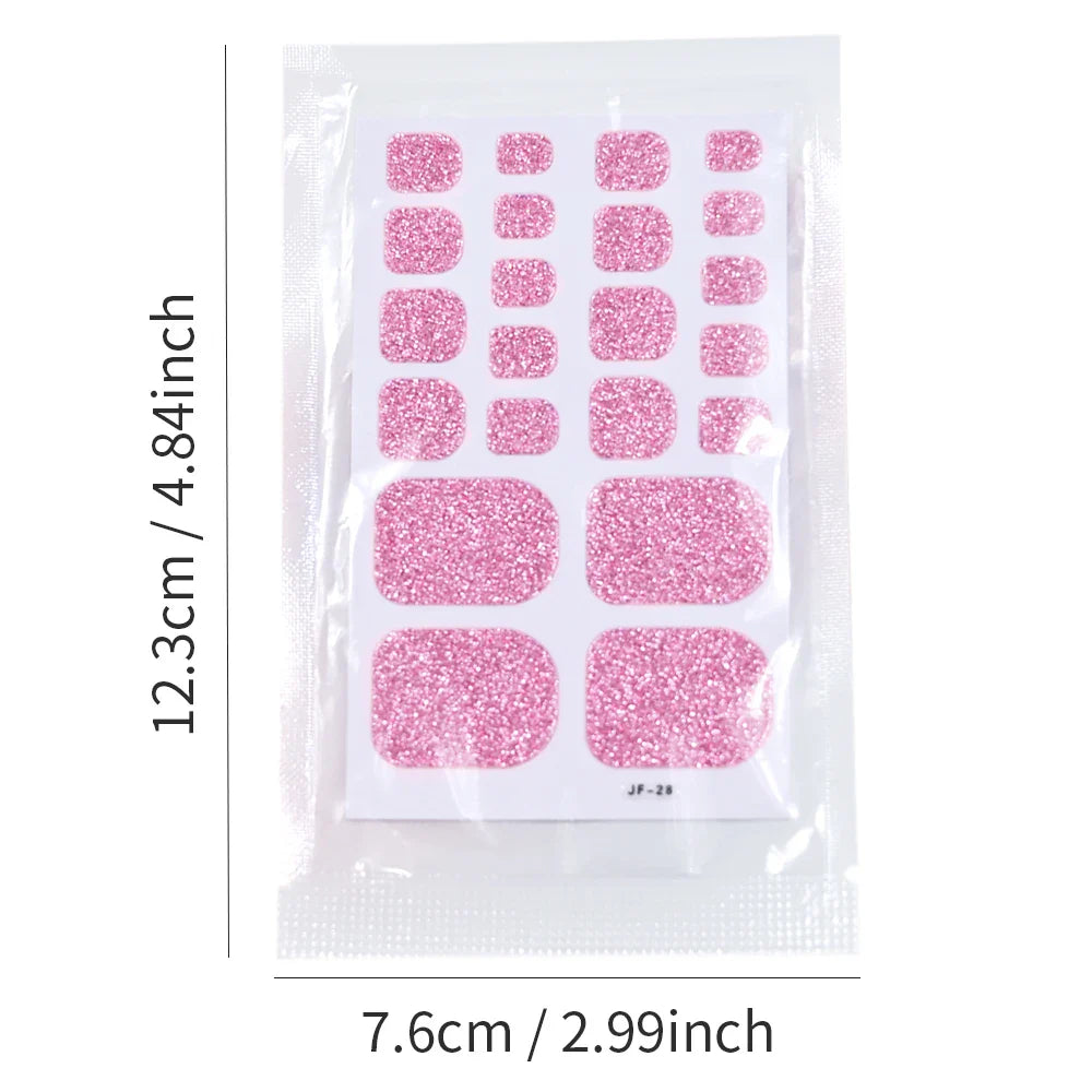 22Tips Pink Red Glitter Design Baking-free Toenail Stickers Solid Color Adhesive Full Cover Toe Nail Strip Slider Manicure Decal (ONLINE ORDER ONLY)