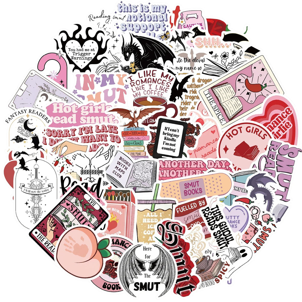 50/52pcs Romance Bookish Spice Reader Stickers Pink Girl Cartoon Decals Aesthetic Decals Phone Laptop Diary Sticker Kids Toys (ONLINE ORDER ONLY)