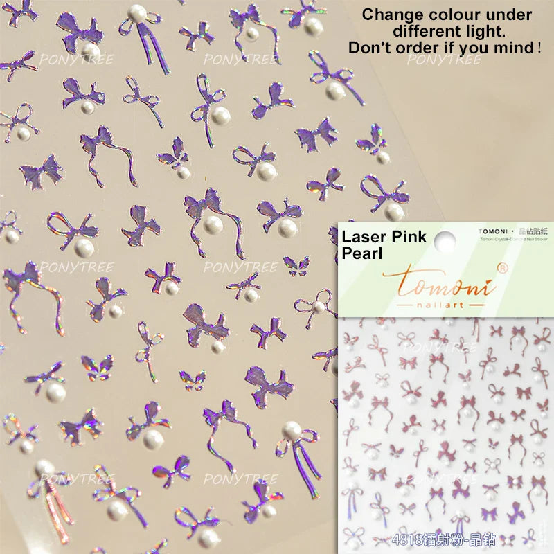 Simple Line Bowknot Red Gold Silver Laser Pink Hot Stamping 3D Self Adhesive Nail Art Stickers Pearl Rhinestone Manicure Decals (ONLINE ORDER ONLY)
