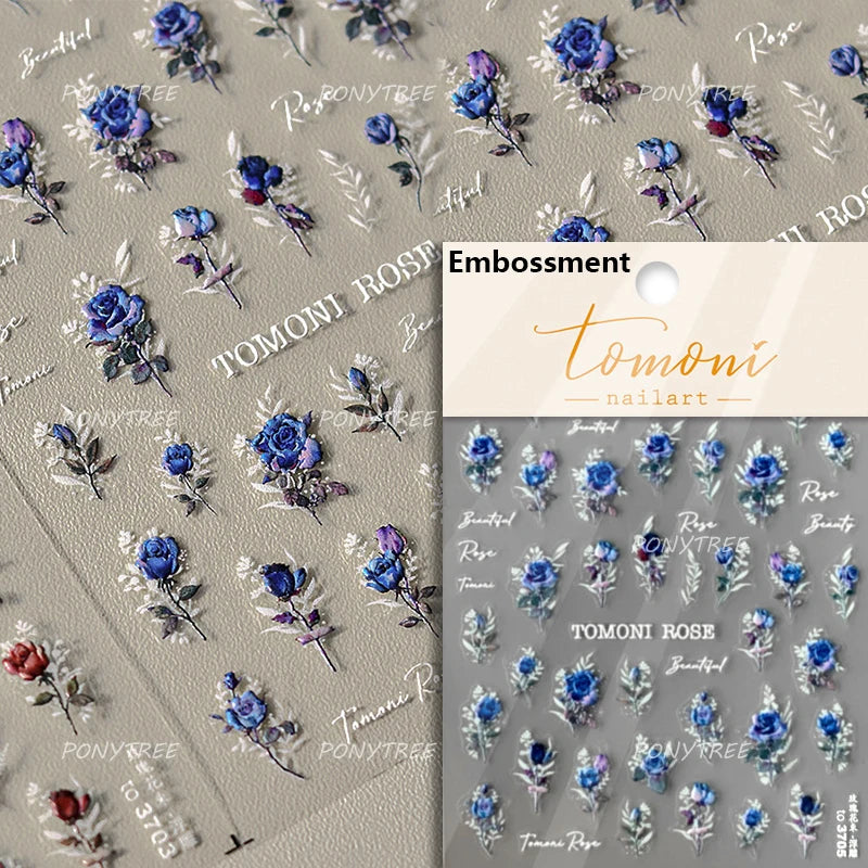 Retro Rose Flowers Bowknot Petal Romantic 5D Soft Embossed Relief Self Adhesive Nail Art Decoration Stickers 3D Manicure Decals (ONLINE ORDER ONLY)