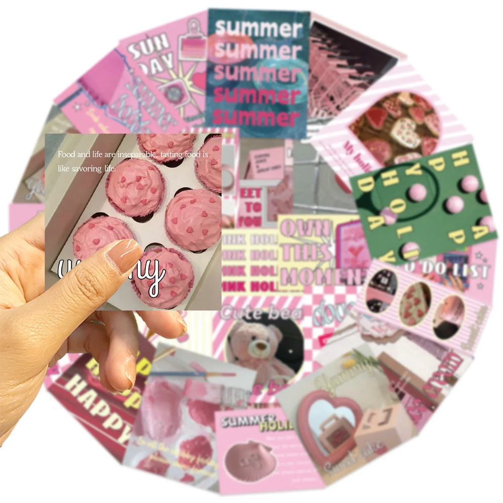 30Pcs Pink Holiday Stickers Aesthetic Art PVC Decals Scrapbooking Label Diary Stationery Computer Refrigerator (ONLINE ORDER ONLY)