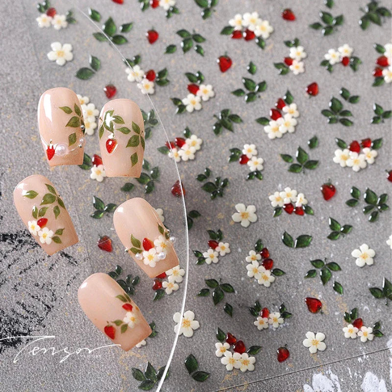 Delicate Chic White Flower Jelly Green Leaves Red Fruits Lily Gardenia Self Adhesive Nail Art Stickers Rhinestone Manicure Decal (Online Order Only)