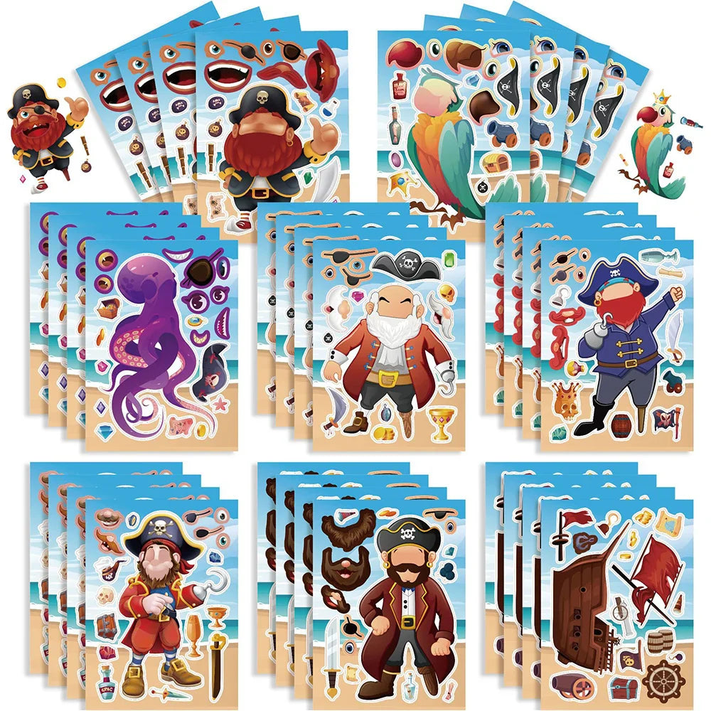 8/16Sheets Cool Pirate Ship Puzzle Stickers Make-a-Face Children Assemble Jigsaw Funny Kids Toy Game Kids Educational Party Gift (Online Order Only)
