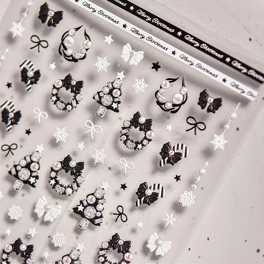 Black White Christmas Tree Snowflake Bowknot Snowman Socks Star Santa Hat Deer Rhinestone Winter Nail Art Sticker Manicure Decal (Online Order Only)