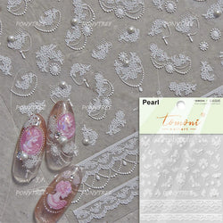 French Romantic Lace Flower Fabric Art Pearl Pendant Portrait Bowknot Textile Printing Delicate Nail Art Stickers Manicure Decal (ONLINE ORDER ONLY)