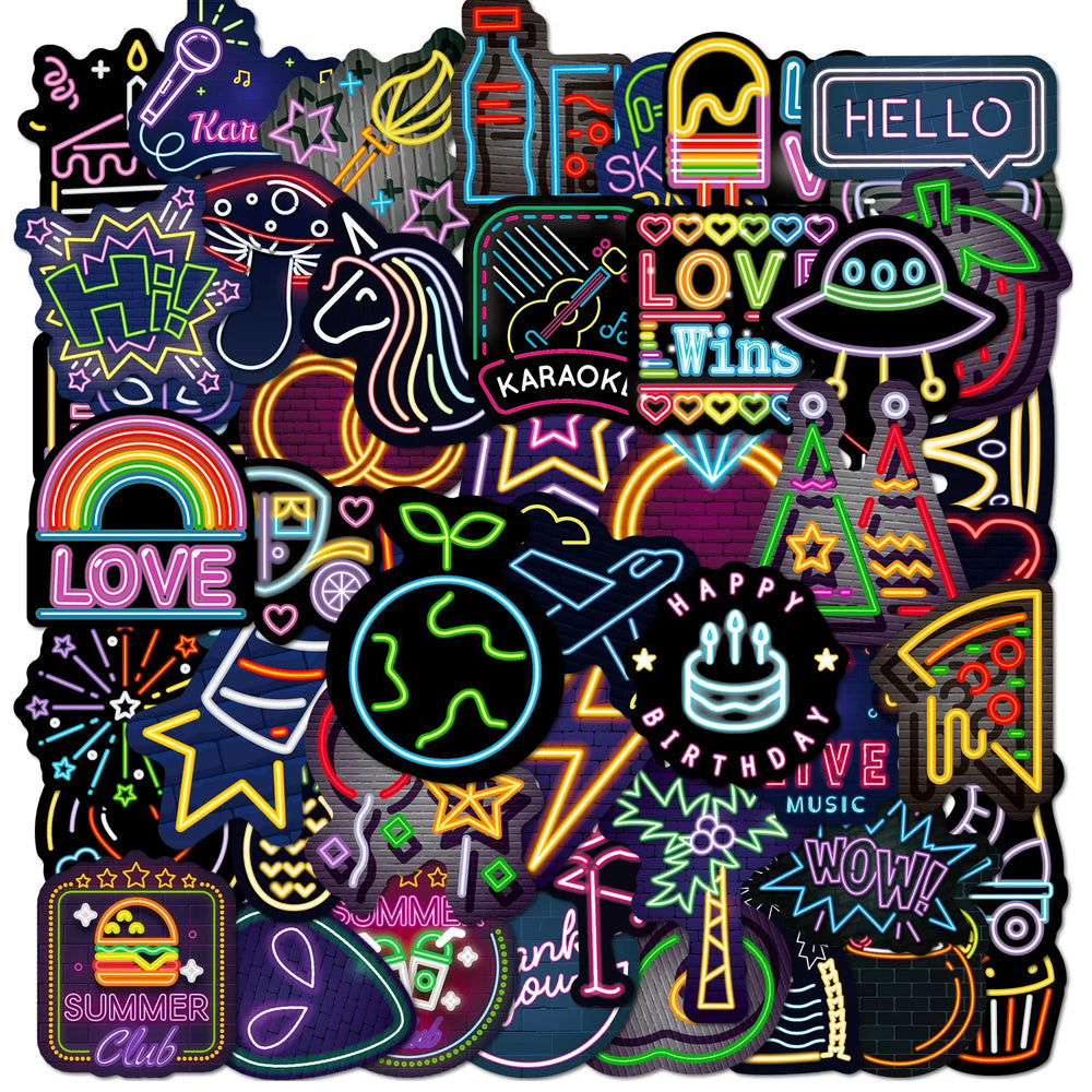 50PCS Cartoon Neon Light Graffiti Stickers Aesthetic Car Skateboard Laptop Phone Bike Cool Toy Decal Sticker for Kids (Online Order Only)