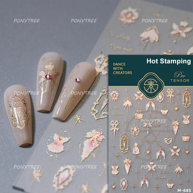 Retro Blue Lotus Flower Arrangement Vase Lantern Totem Pattern Bamboo Leaf Self Adhesive Nail Art Stickers Shiny Manicure Decals (ONLINE ORDER ONLY)