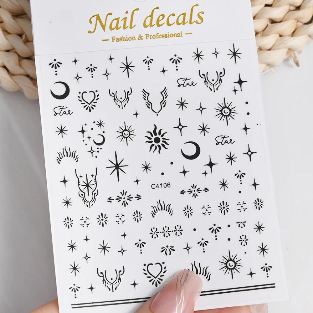 1 Sheet Star Nail Art Stickers 3d Self Adhesive Nail Decals Black White Golden Silver Color Star Design Nail Supplies Accessory (ONLINE ORDER ONLY)