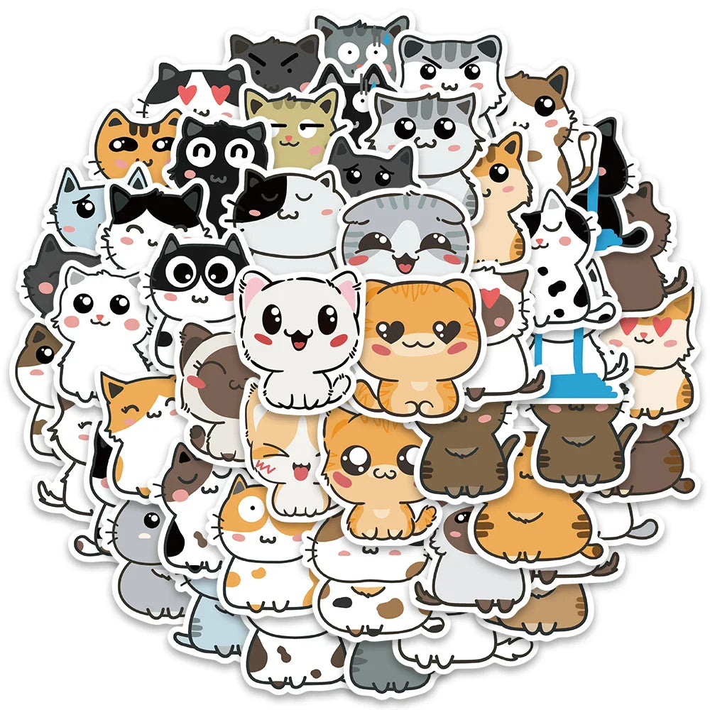 50pcs Funny Cute Cartoon Cats Meme Stickers Vinyl Laptop Phone Decals For Luggage Guitar Stationery Waterproof Graffiti Toy (ONLINE ORDER ONLY)
