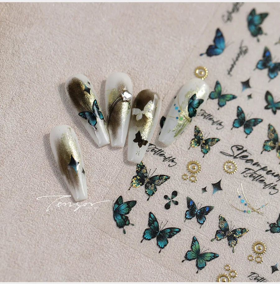 Steam Punk Butterfly Gear Green Star Gold Stamping Self Adhesive Nail Art Decoration Stickers Illusion Polarized Manicure Decals (ONLINE ORDER ONLY)