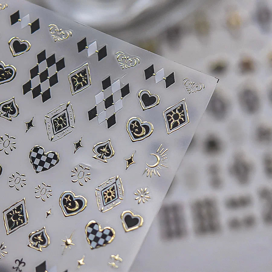 Poker Red Love Heart Square Grid Star Moon Card Pattern Spade Retro 3D Self Adhesive Nail Art Decoration Sticker Manicure Decals (Online Order Only)