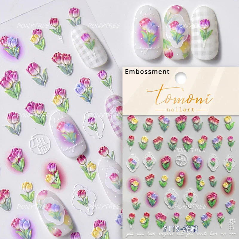 Chic Lavender Tulip Flower Bowknot Totem Center Symmetric Pattern Daisy Line Gird Self Adhesive Nail Art Stickers Manicure Decal (ONLINE ORDER ONLY)
