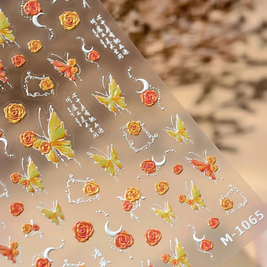Gradual Asymmetric Butterfly Rose Flower Moon Ancient Poem 5D Reliefs Self Adhesive Nail Stickers JellyManicure Decals Wholesale (Online Order Only)