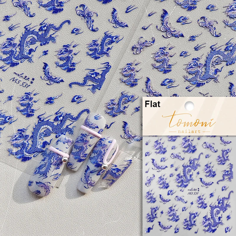 Retro Embroidered Dragon Red Pink Blue White Porcelain Chinese 3D Embossed Relief Self Adhesive Nail Art Stickers Manicure Decal (ONLINE ORDER ONLY)