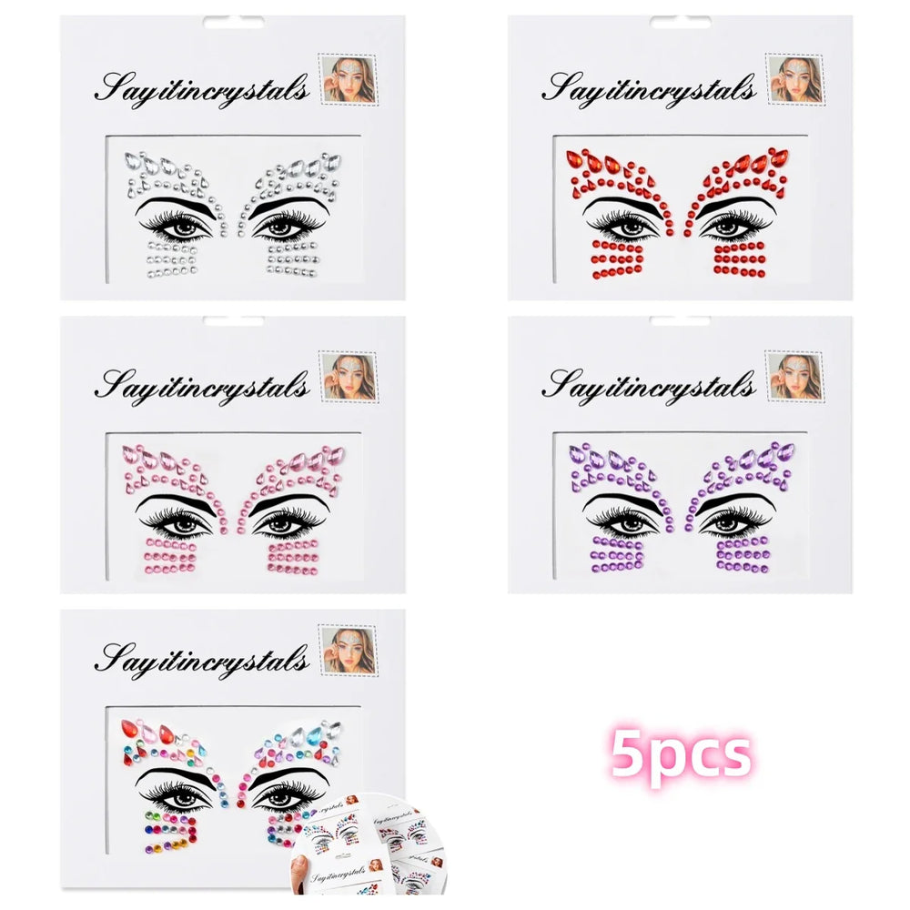 5Pcs Coloful Glitter Face Jewelry Sticker Crystal Eye Body Face Jewels Bady Makeup Tools Temporary Self-Adhesive Nail Rhinestone (ONLINE ORDER ONLY)