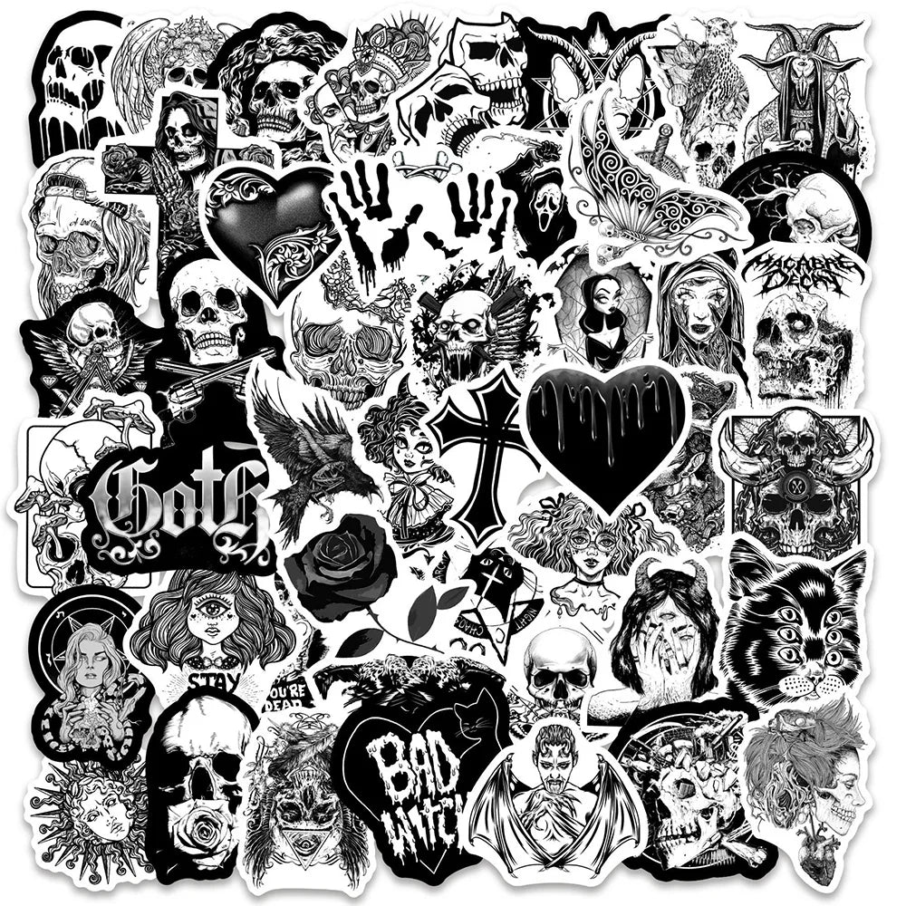 10/30/50/100pcs Black White Gothic Horror Skeleton Graffiti Stickers Skateboard Phone Fridge Luggage Car Cool Waterproof Sticker (ONLINE ORDER ONLY)
