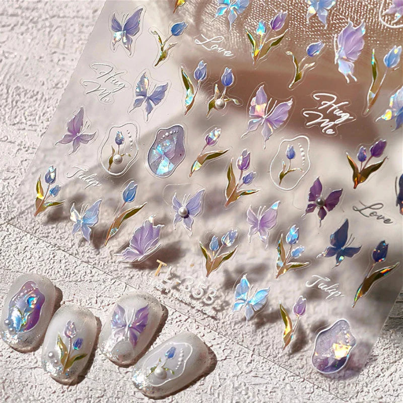 Tulips Flower Letter Bowknot Butterfly Irregular Lines Pearl Tender 5D Adhesive Nail Art Stickers Manicure Decals Stick on Nail (ONLINE ORDER ONLY)