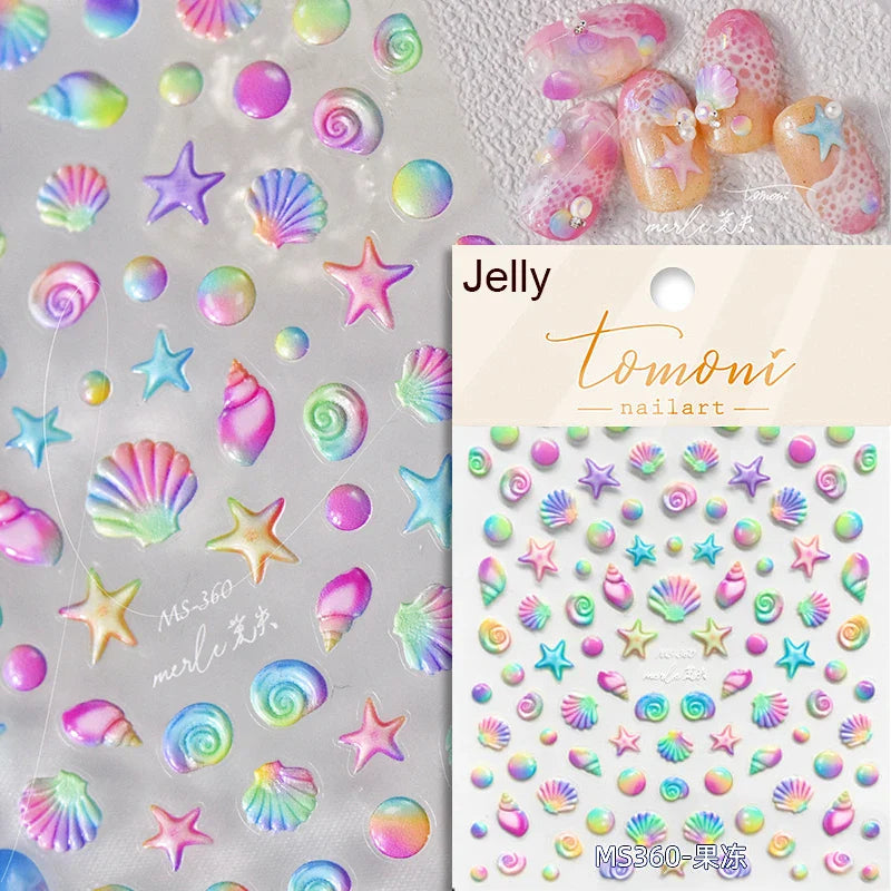 Fantasy Beach Summer Dreamy Colorful Seasnail Shell Pearl Conch Jelly Star 5D Decals Soft Relief 3D Decoration Nail Art Stickers (Online Order Only)