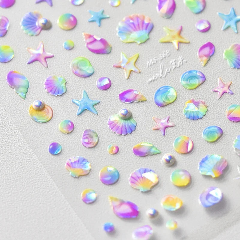 Fantasy Beach Summer Dreamy Colorful Seasnail Shell Pearl Conch Jelly Star 5D Decals Soft Relief 3D Decoration Nail Art Stickers (Online Order Only)