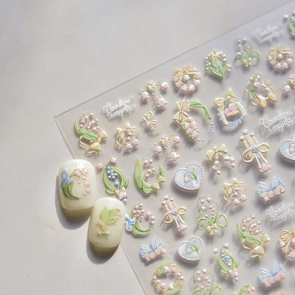 Spring Pink Lily of The Valley Flowers Blooming Blue Bowknot Heart 5D Soft Relief Self Adhesive Nail Art Sticker Manicure Decals (Online Order Only)