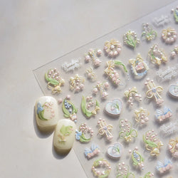 Spring Pink Lily of The Valley Flowers Blooming Blue Bowknot Heart 5D Soft Relief Self Adhesive Nail Art Sticker Manicure Decals (Online Order Only)
