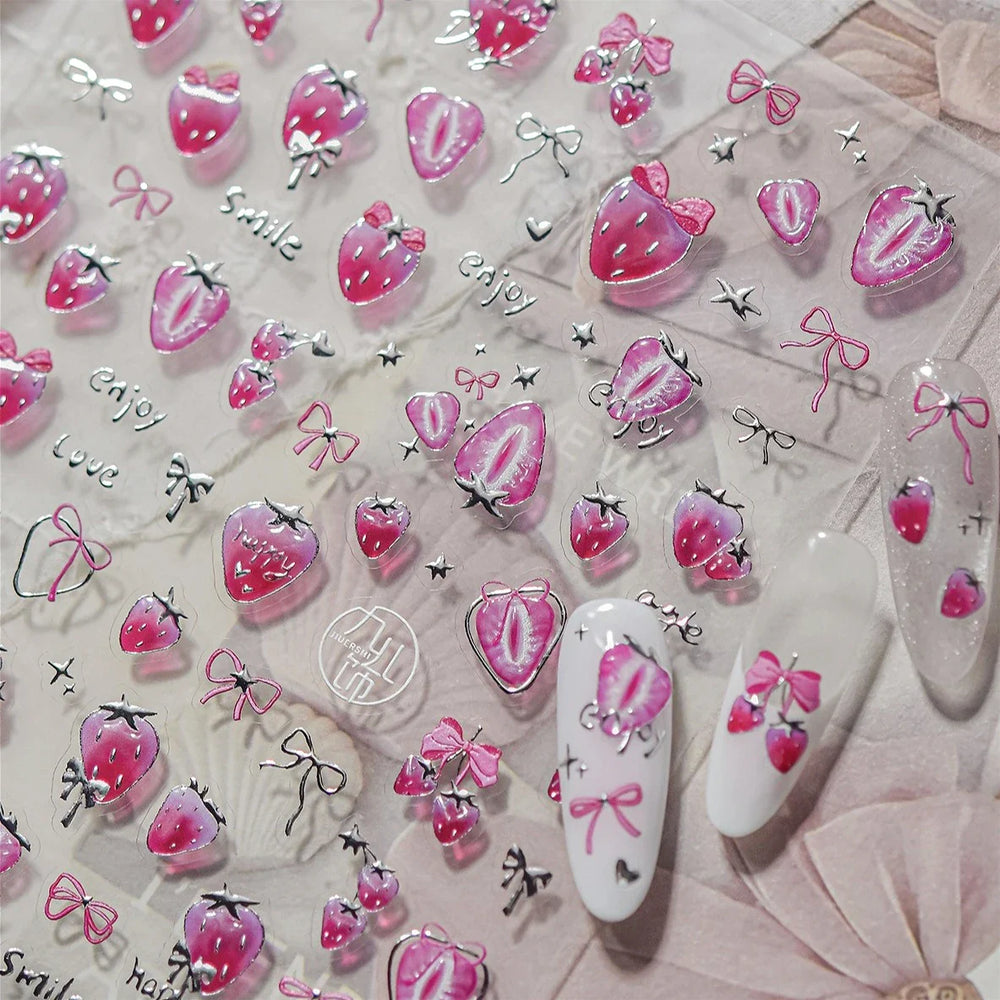 Pink Juicy Strawberry Fruit Cutting Line Ribbon Bowknot Star Happy Sweet Lovely Fruits Delicate Nail Art Stickers Manicure Decal (ONLINE ORDER ONLY)