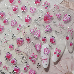 Pink Juicy Strawberry Fruit Cutting Line Ribbon Bowknot Star Happy Sweet Lovely Fruits Delicate Nail Art Stickers Manicure Decal (ONLINE ORDER ONLY)