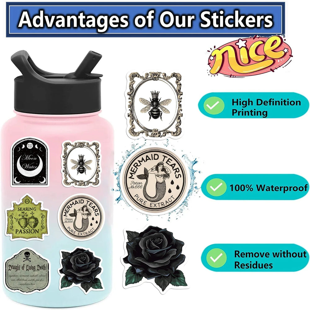 50PCS Retro Potion Label Gothic APothecary Stickers For Helmet Car Skateboard Laptop Phone Sticker DIY Graffiti Cool Decal (ONLINE ORDER ONLY)