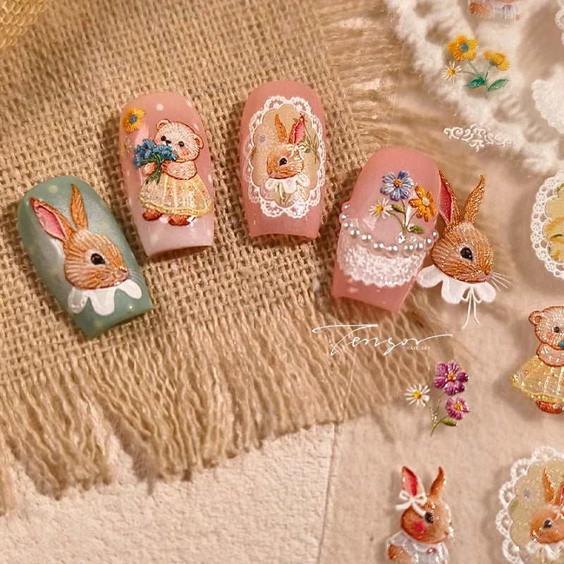 Rabbit Bunny Bear Flower Lace Bowknot Retro Frame Rose Self Adhesive Nail Art Decoration Stickers Chic Manicure Decals Wholesale (ONLINE ORDER ONLY)
