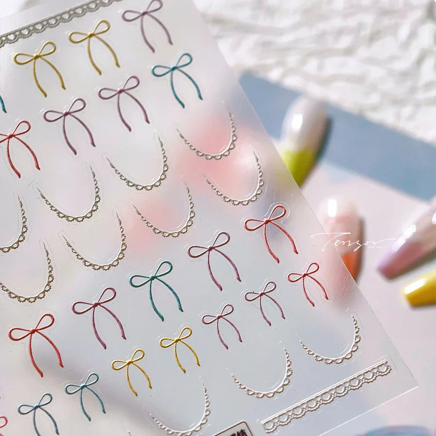 Pink Blue Purple Lovely Line Bowknot Lace Arc Curve Romantic Delicate Cording Embossed Adhesive Nail Art Sticker Manicure Decal (ONLINE ORDER ONLY)
