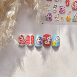 Auspicious Peach Blossom Snake Fan Flower The Spring Festival Tiger Head Adhesive Nail Art Stickers Red Lantern Manicure Decals (Online Order Only)
