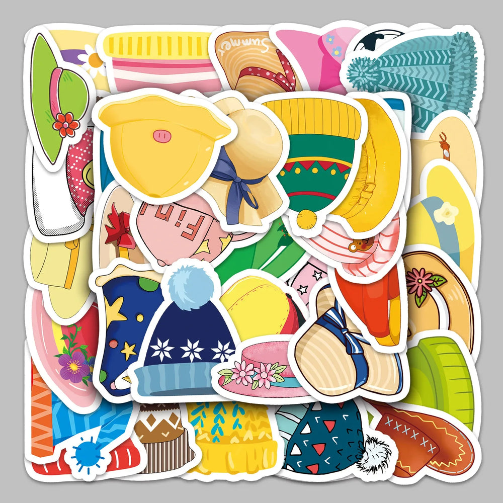 50pcs Cute Cartoon Hat Stickers for Helmet, Wall, Desktop Decoration (Online Order Only)