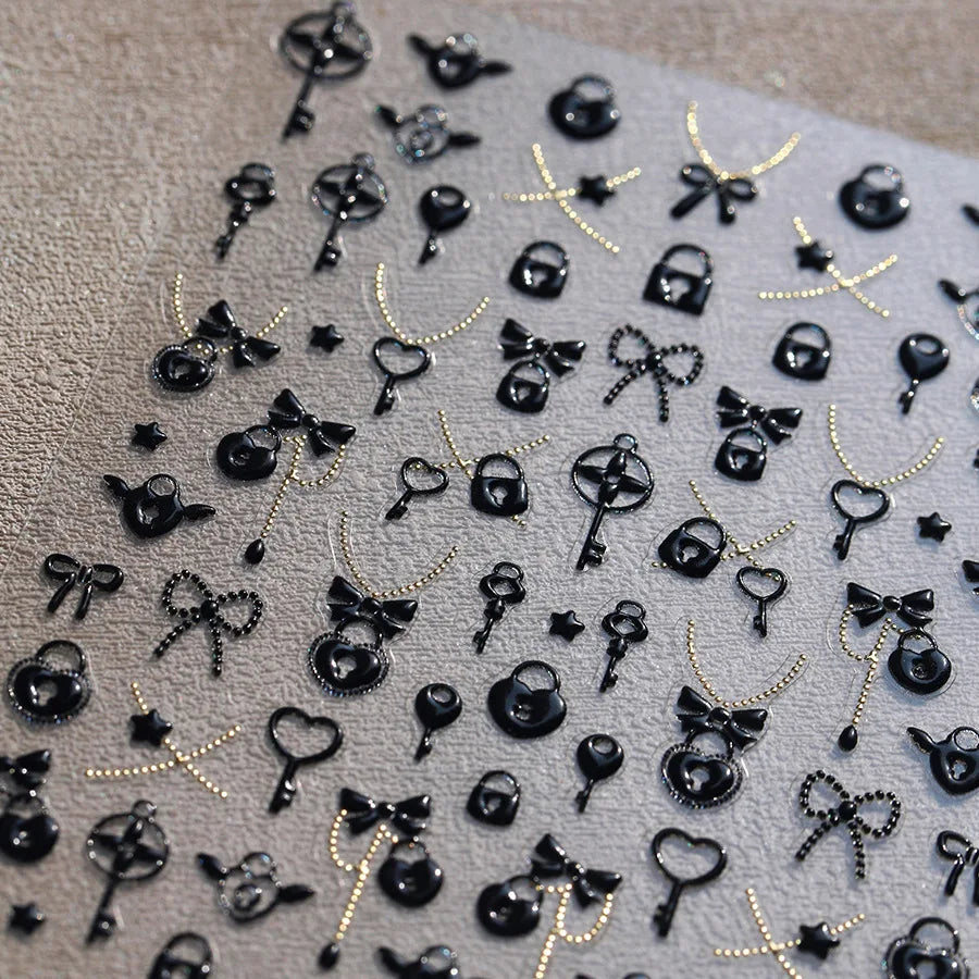 Black Silver Gold Dark Rococo Line Bowknot Wing Key Love Lock Star Tassel Pendant Heart Adhesive Nail Art Sticker Manicure Decal (ONLINE ORDER ONLY)