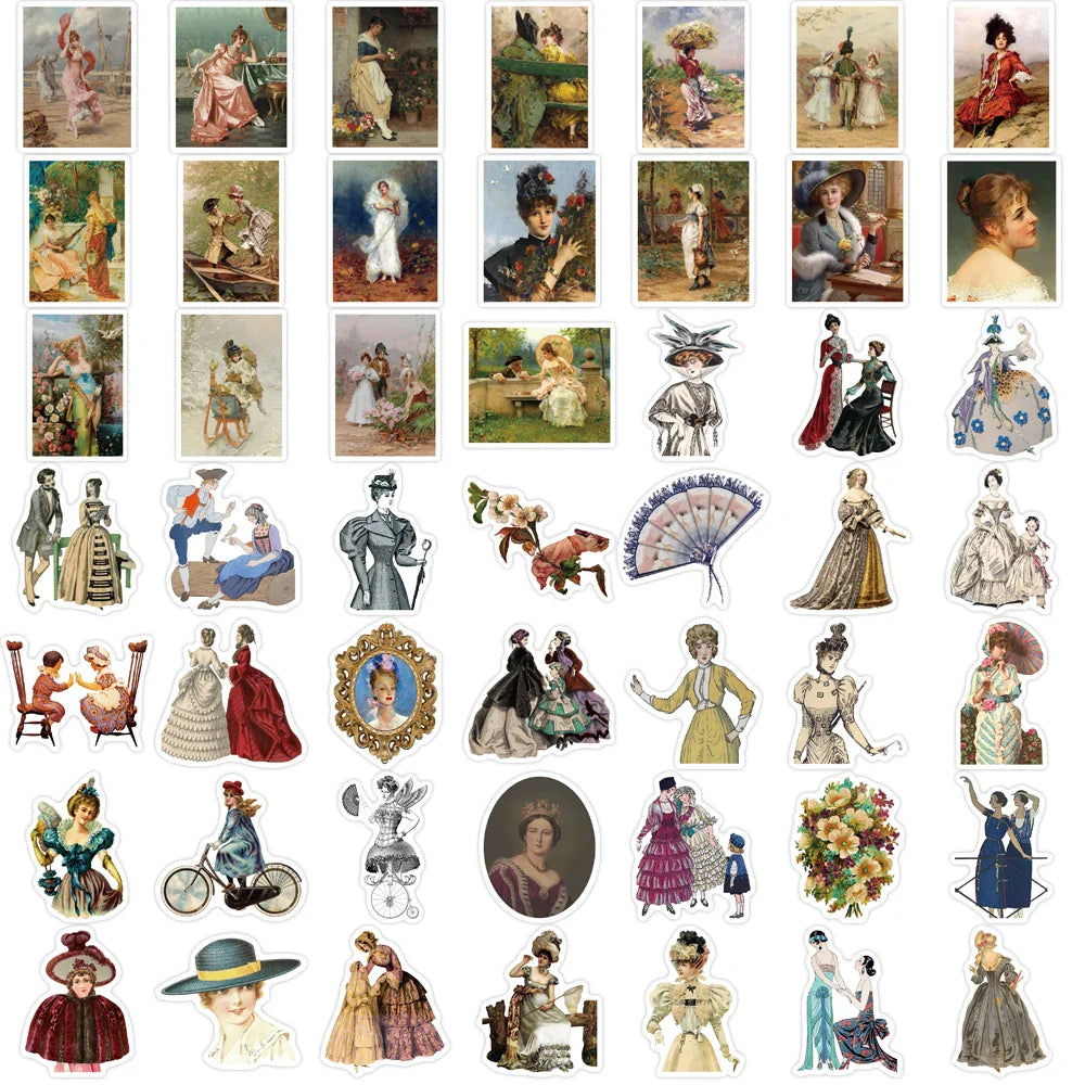 52Pcs Cartoon Retro Victorian Art Series Stickers PVC Waterproof Sticker Decals For Scrapbook Laptop Bottle Toys Gift (ONLINE ORDER ONLY)