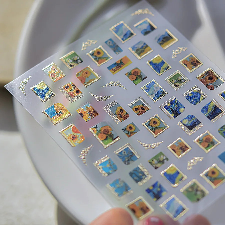 Hot Stamping Colourful Sunflower Starry Night Impressionism Embossment Adhesive Nail Art Sticker Shiny Rhinestone Manicure Decal (Online Order Only)