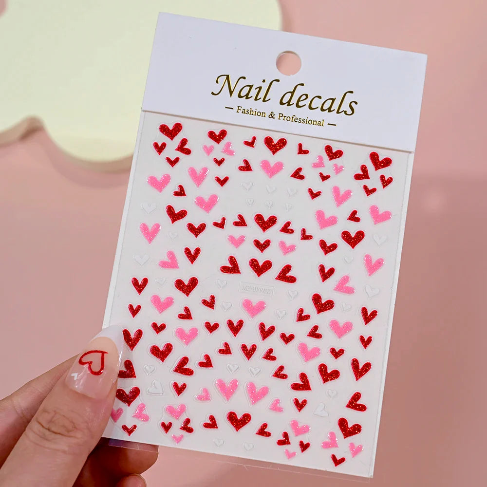 1Pc Red Pink White Heart Bow Nail Art Stickers with Glitter Sequins 5D Self Adhesive Nail Decorations Slider Decals DIY Manicure (ONLINE ORDER ONLY)